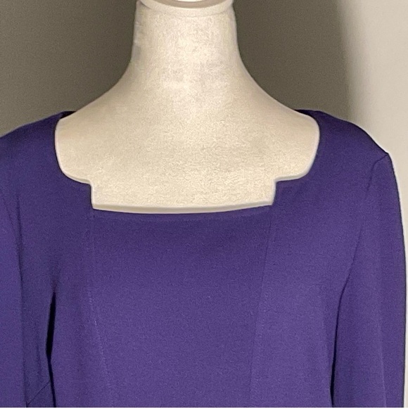 David Meister Size 10 Purple Sheath Dress Fabric Belt 3/4 Sleeve Unique Neckline - Picture 12 of 14
